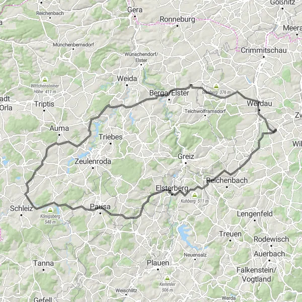 Karten-Miniaturansicht der Radinspiration "Rundweg durch die Vogtländische Landschaft" in Chemnitz, Germany. Erstellt vom Tarmacs.app-Routenplaner für Radtouren