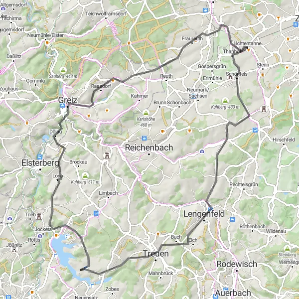 Map miniature of "The Hauptmannsgrün Ride" cycling inspiration in Chemnitz, Germany. Generated by Tarmacs.app cycling route planner