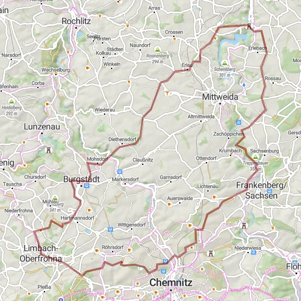 Map miniature of "Gravel Adventure in the Heart of Saxony" cycling inspiration in Chemnitz, Germany. Generated by Tarmacs.app cycling route planner