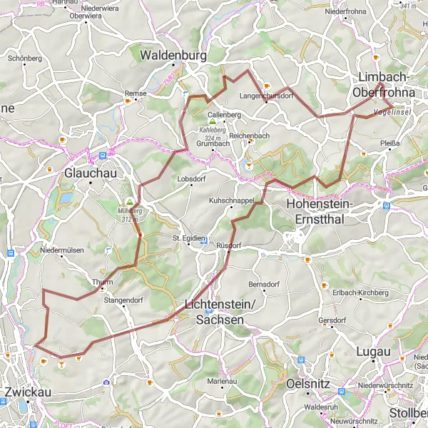 Map miniature of "Gravel Ride to Nostalgic Villages" cycling inspiration in Chemnitz, Germany. Generated by Tarmacs.app cycling route planner