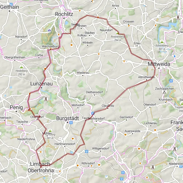 Karten-Miniaturansicht der Radinspiration "Gravel-Abenteuer durch die Natur" in Chemnitz, Germany. Erstellt vom Tarmacs.app-Routenplaner für Radtouren