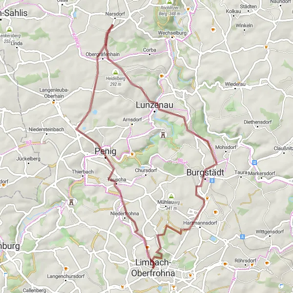 Map miniature of "Gravel Adventure in Oberfrohna" cycling inspiration in Chemnitz, Germany. Generated by Tarmacs.app cycling route planner