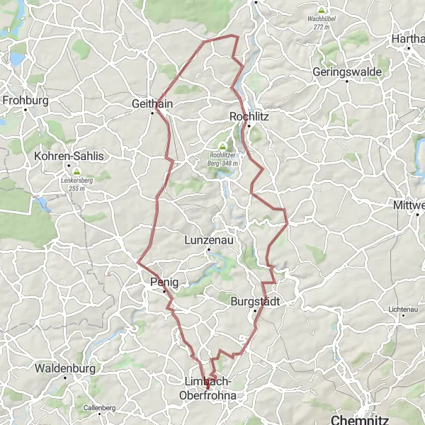 Karten-Miniaturansicht der Radinspiration "Entlang der Hügel und Burgen Gravel Tour" in Chemnitz, Germany. Erstellt vom Tarmacs.app-Routenplaner für Radtouren