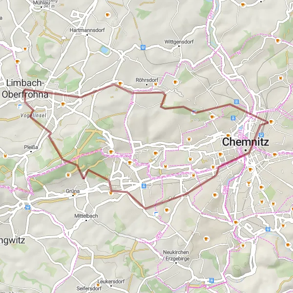 Karten-Miniaturansicht der Radinspiration "Schotterradweg Limbach-Oberfrohna - Totenstein - Hanneloren-Eiche" in Chemnitz, Germany. Erstellt vom Tarmacs.app-Routenplaner für Radtouren