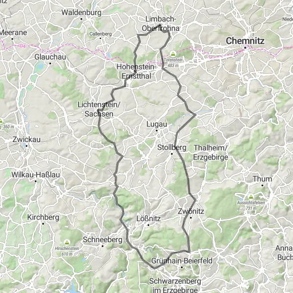 Karten-Miniaturansicht der Radinspiration "Historische Tour durch das Erzgebirge" in Chemnitz, Germany. Erstellt vom Tarmacs.app-Routenplaner für Radtouren