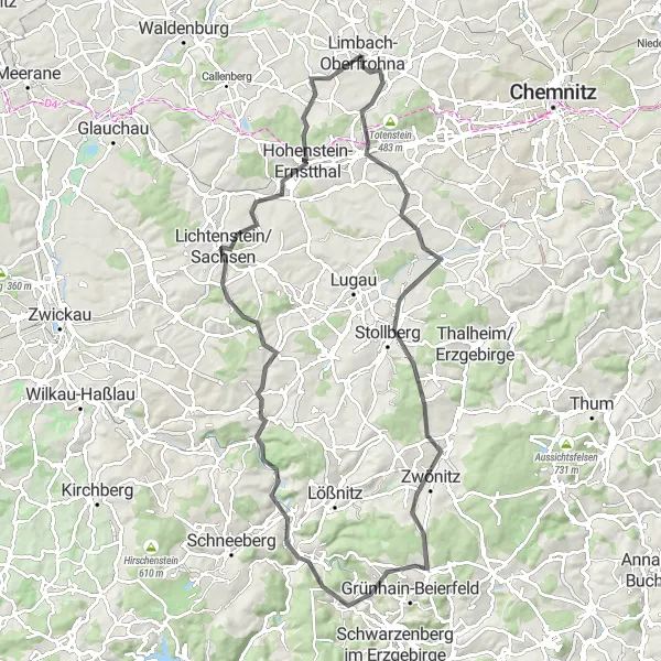 Map miniature of "Chemnitz Climbs and Castles" cycling inspiration in Chemnitz, Germany. Generated by Tarmacs.app cycling route planner