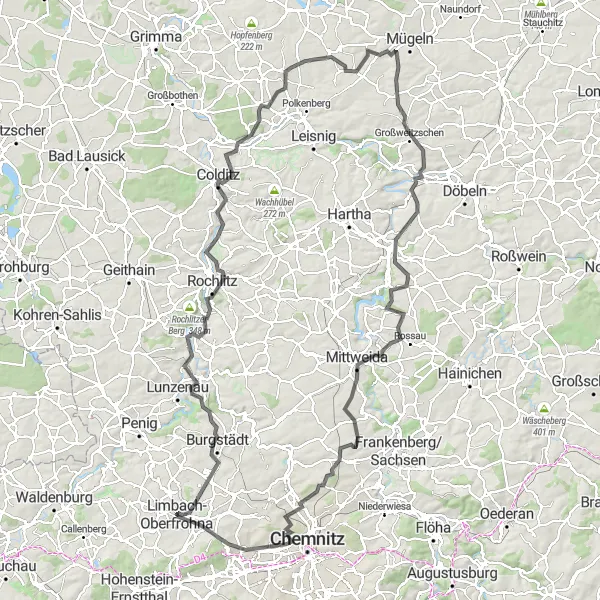 Map miniature of "The Chemnitz Highlands Loop" cycling inspiration in Chemnitz, Germany. Generated by Tarmacs.app cycling route planner