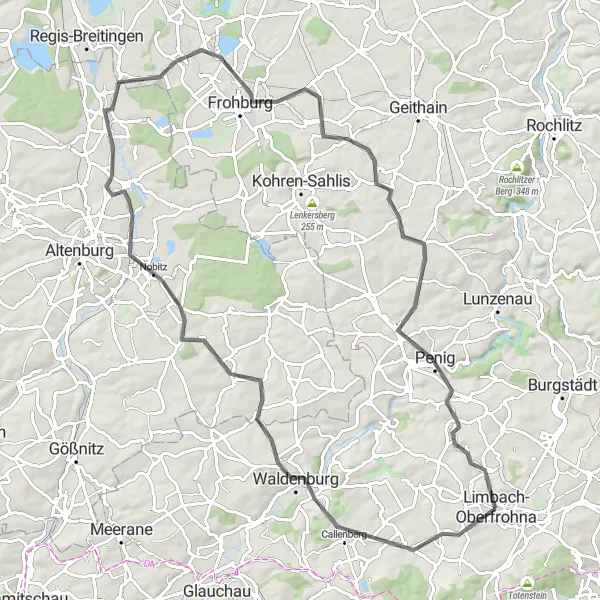 Karten-Miniaturansicht der Radinspiration "Road Route Limbach-Oberfrohna - Penig - Callenberg" in Chemnitz, Germany. Erstellt vom Tarmacs.app-Routenplaner für Radtouren