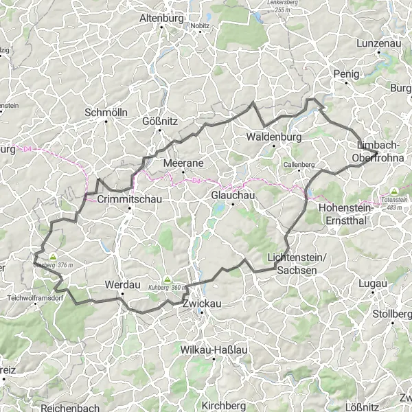 Map miniature of "Exploring St. Egidien" cycling inspiration in Chemnitz, Germany. Generated by Tarmacs.app cycling route planner