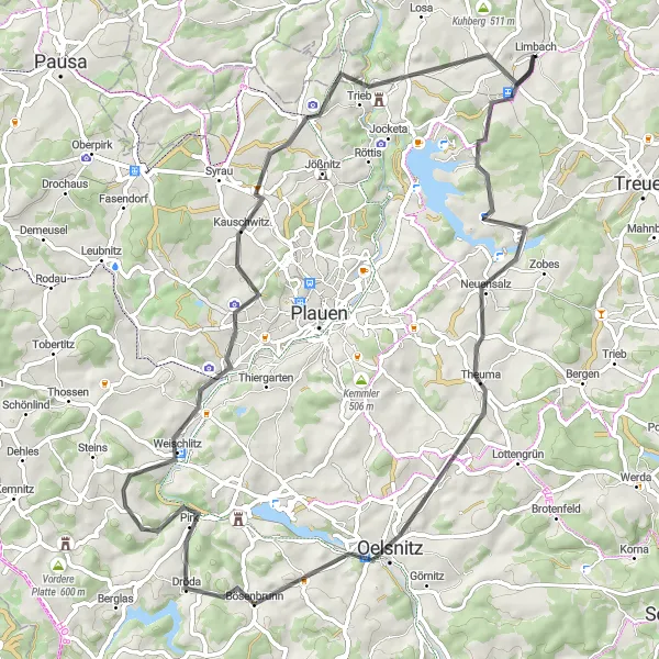 Karten-Miniaturansicht der Radinspiration "Runde durchs Vogtland und Erzgebirge" in Chemnitz, Germany. Erstellt vom Tarmacs.app-Routenplaner für Radtouren