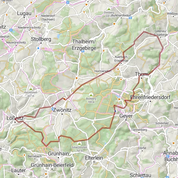 Karten-Miniaturansicht der Radinspiration "Gravel-Abenteuer durch die Natur rund um Lößnitz" in Chemnitz, Germany. Erstellt vom Tarmacs.app-Routenplaner für Radtouren