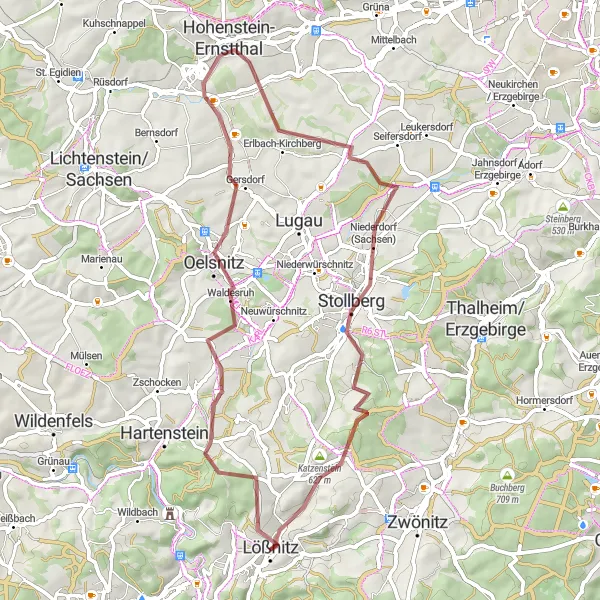 Karten-Miniaturansicht der Radinspiration "Erzgebirgsbalkon und Katzenstein Rundfahrt" in Chemnitz, Germany. Erstellt vom Tarmacs.app-Routenplaner für Radtouren