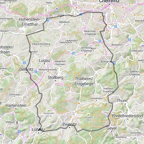 Karten-Miniaturansicht der Radinspiration "Hügeliges Abenteuer rund um Lößnitz" in Chemnitz, Germany. Erstellt vom Tarmacs.app-Routenplaner für Radtouren