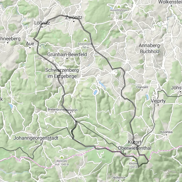 Karten-Miniaturansicht der Radinspiration "Herausfordernde Tour nach Boží Dar und Eisenstein" in Chemnitz, Germany. Erstellt vom Tarmacs.app-Routenplaner für Radtouren
