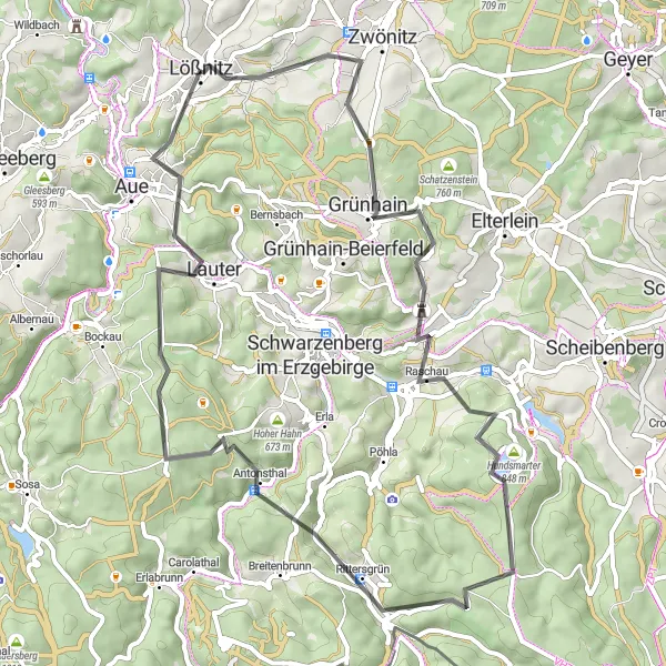 Karten-Miniaturansicht der Radinspiration "Erlebnisreiche Fahrt nach Rittersgrün und Hirschknochen" in Chemnitz, Germany. Erstellt vom Tarmacs.app-Routenplaner für Radtouren