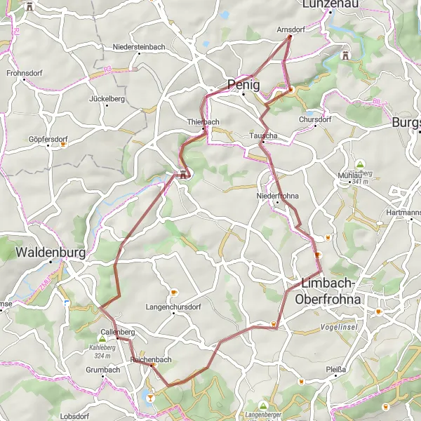 Karten-Miniaturansicht der Radinspiration "Rundweg um Lunzenau - Hühnerberg und Weiße Spitze" in Chemnitz, Germany. Erstellt vom Tarmacs.app-Routenplaner für Radtouren