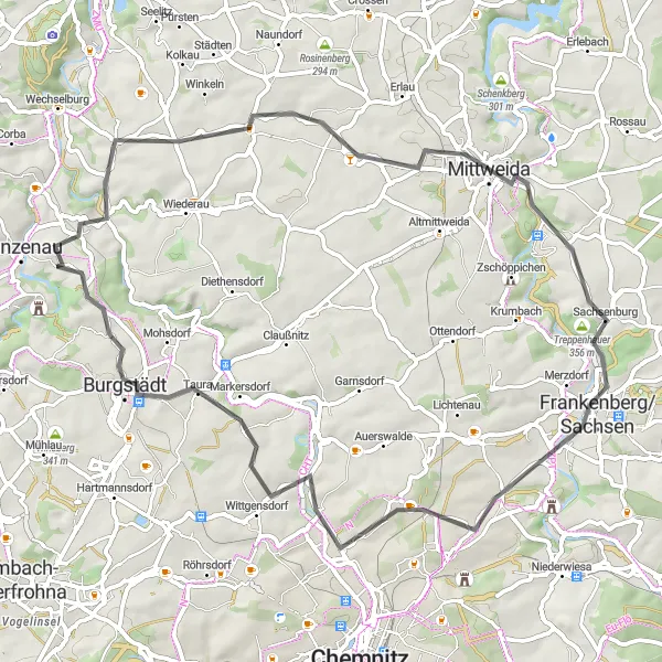 Karten-Miniaturansicht der Radinspiration "Die Schönheit von Mittweida und Wittgensdorf entdecken" in Chemnitz, Germany. Erstellt vom Tarmacs.app-Routenplaner für Radtouren