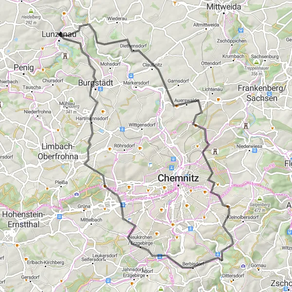 Karten-Miniaturansicht der Radinspiration "Abenteuerliche Fahrt durch Claußnitz und Neukirchen" in Chemnitz, Germany. Erstellt vom Tarmacs.app-Routenplaner für Radtouren