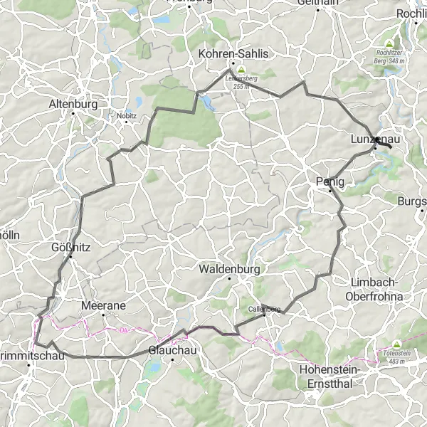 Map miniature of "Lunzenau to Lunzenau Road Route - Extended Version" cycling inspiration in Chemnitz, Germany. Generated by Tarmacs.app cycling route planner