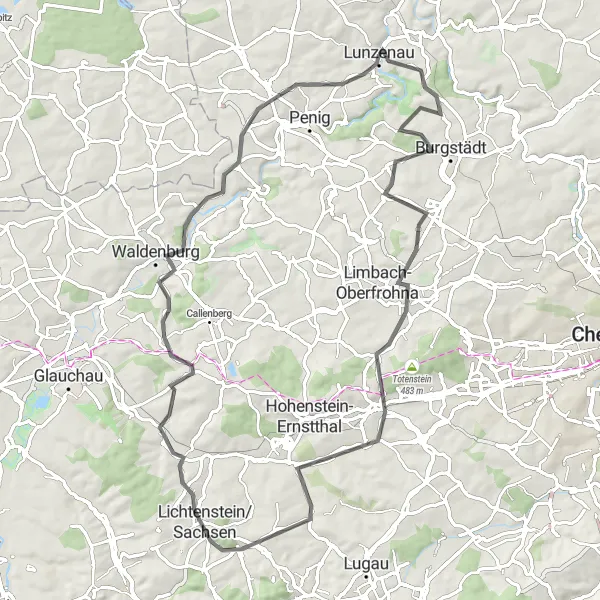 Karten-Miniaturansicht der Radinspiration "Roadtour durch die Region Chemnitz" in Chemnitz, Germany. Erstellt vom Tarmacs.app-Routenplaner für Radtouren