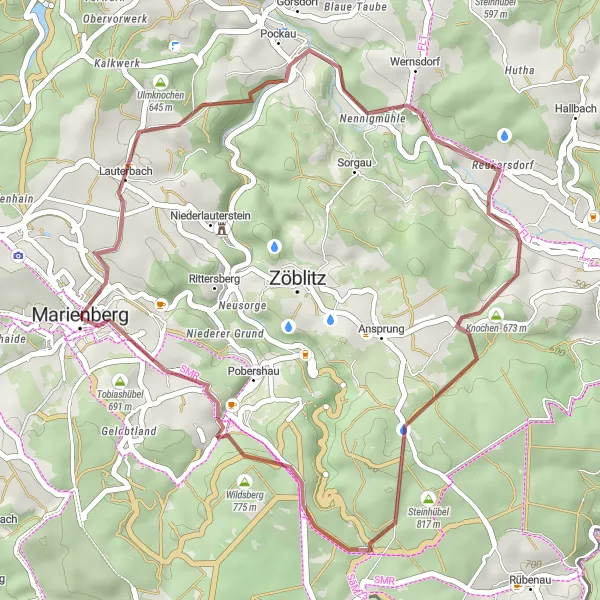 Map miniature of "Wolfstein Gravel Loop" cycling inspiration in Chemnitz, Germany. Generated by Tarmacs.app cycling route planner