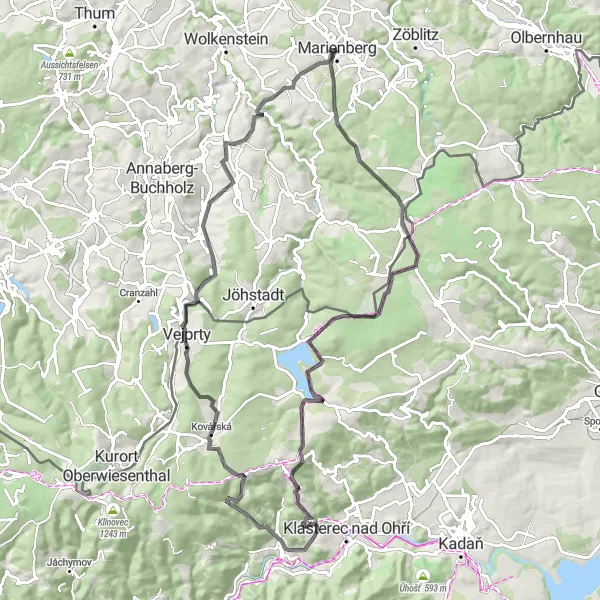 Map miniature of "Holý vrch and Kotlina Road Loop" cycling inspiration in Chemnitz, Germany. Generated by Tarmacs.app cycling route planner