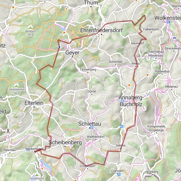 Karten-Miniaturansicht der Radinspiration "Auf den Spuren von Oberscheibe und Crottendorf" in Chemnitz, Germany. Erstellt vom Tarmacs.app-Routenplaner für Radtouren