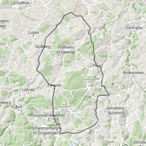 Map miniature of "The Cultural Heritage Route" cycling inspiration in Chemnitz, Germany. Generated by Tarmacs.app cycling route planner