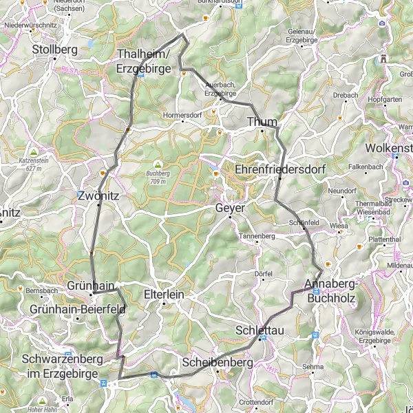 Map miniature of "Hidden Gems of the Ore Mountains" cycling inspiration in Chemnitz, Germany. Generated by Tarmacs.app cycling route planner