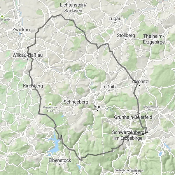 Map miniature of "Road Cycling Adventure through the Erzgebirge" cycling inspiration in Chemnitz, Germany. Generated by Tarmacs.app cycling route planner