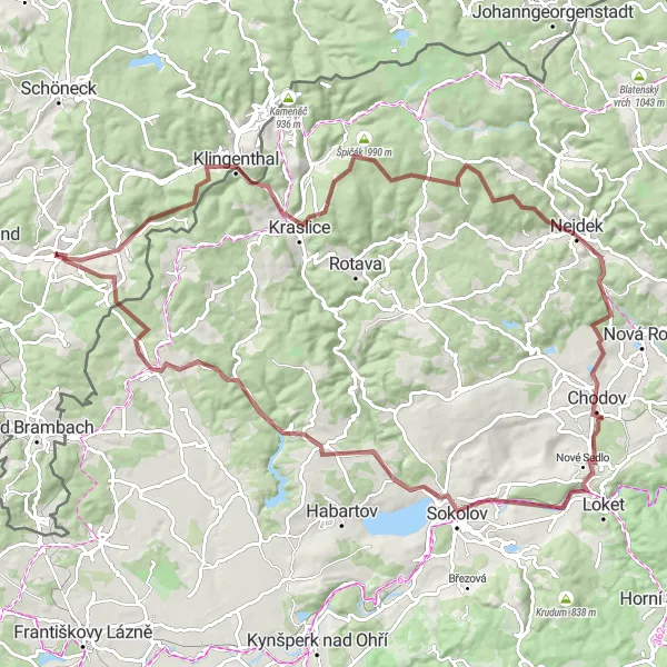 Map miniature of "Klingenthal to Tříslová Gravel Adventure" cycling inspiration in Chemnitz, Germany. Generated by Tarmacs.app cycling route planner