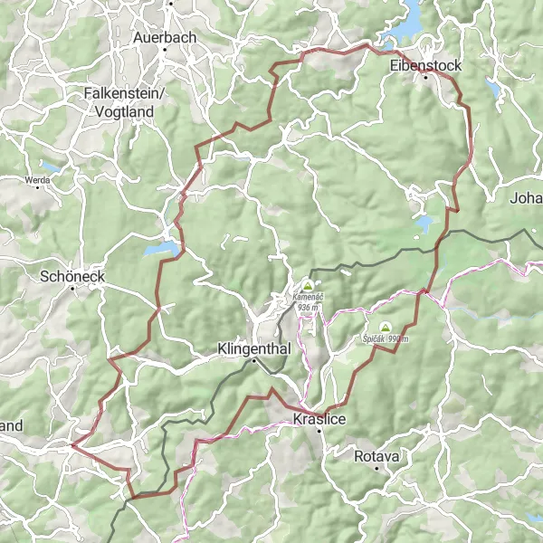 Map miniature of "Markneukirchen to Kraslice Gravel Cycling Route" cycling inspiration in Chemnitz, Germany. Generated by Tarmacs.app cycling route planner