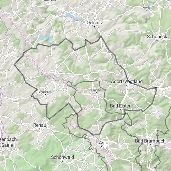 Map miniature of "Markneukirchen to Adorf/Vogtland Road Tour" cycling inspiration in Chemnitz, Germany. Generated by Tarmacs.app cycling route planner