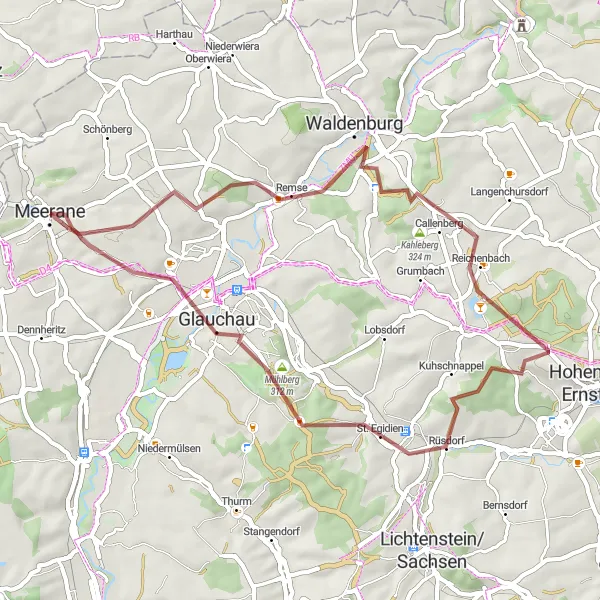 Map miniature of "Callenberg and Lutherhöhe Gravel Route" cycling inspiration in Chemnitz, Germany. Generated by Tarmacs.app cycling route planner