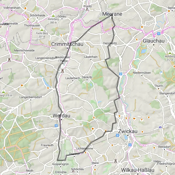 Map miniature of "Meerane to Crimmitschau Scenic Road Cycling Route" cycling inspiration in Chemnitz, Germany. Generated by Tarmacs.app cycling route planner