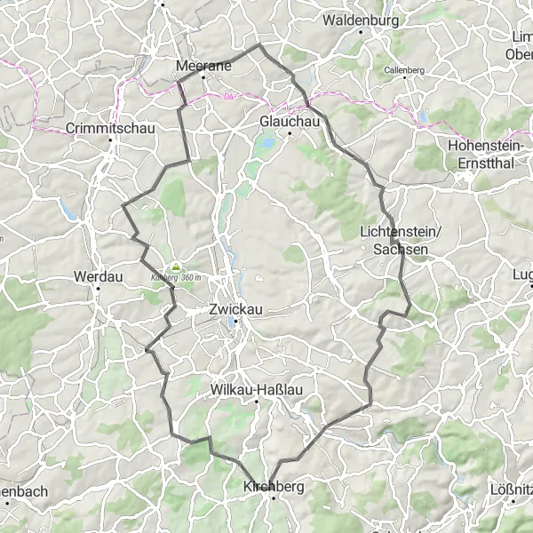 Karten-Miniaturansicht der Radinspiration "Radtour um Meerane" in Chemnitz, Germany. Erstellt vom Tarmacs.app-Routenplaner für Radtouren