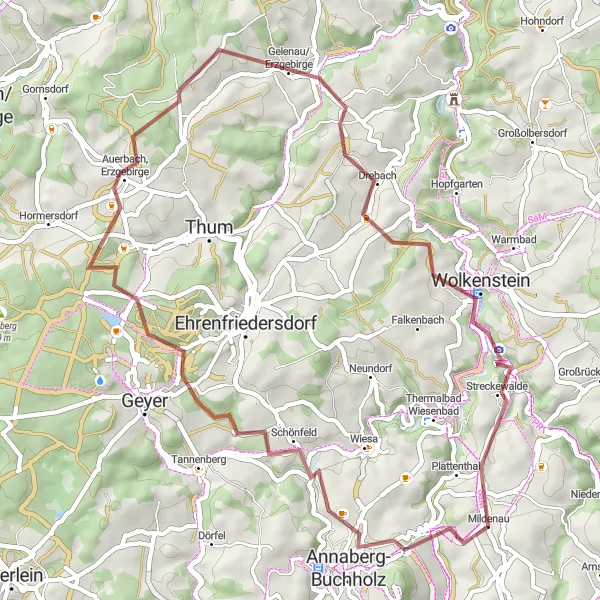 Map miniature of "Erzgebirge Gravel Adventure" cycling inspiration in Chemnitz, Germany. Generated by Tarmacs.app cycling route planner