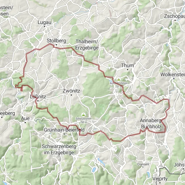 Map miniature of "Pöhlberg and Huthübel Gravel Adventure" cycling inspiration in Chemnitz, Germany. Generated by Tarmacs.app cycling route planner