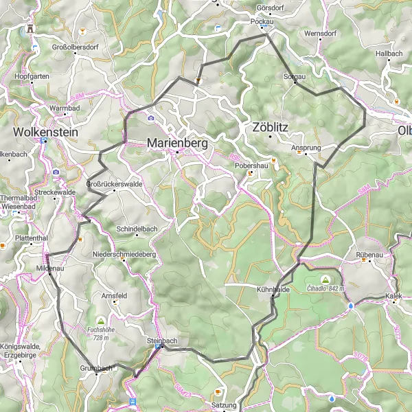 Map miniature of "Discover the Cultural Heritage of Mildenau" cycling inspiration in Chemnitz, Germany. Generated by Tarmacs.app cycling route planner