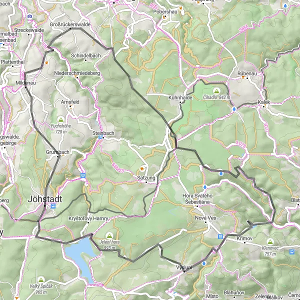 Map miniature of "Mildenau to Jöhstadt Loop" cycling inspiration in Chemnitz, Germany. Generated by Tarmacs.app cycling route planner