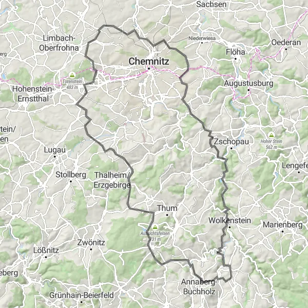 Map miniature of "Lerchenhübel - Gornau Loop" cycling inspiration in Chemnitz, Germany. Generated by Tarmacs.app cycling route planner