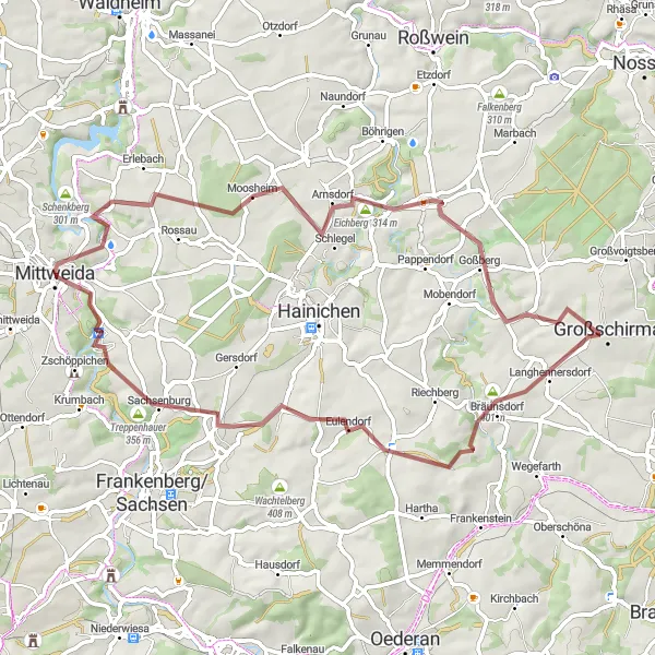 Map miniature of "Ziegenberg Gravel Loop" cycling inspiration in Chemnitz, Germany. Generated by Tarmacs.app cycling route planner