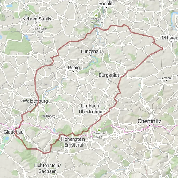 Map miniature of "The Gravel Adventure" cycling inspiration in Chemnitz, Germany. Generated by Tarmacs.app cycling route planner