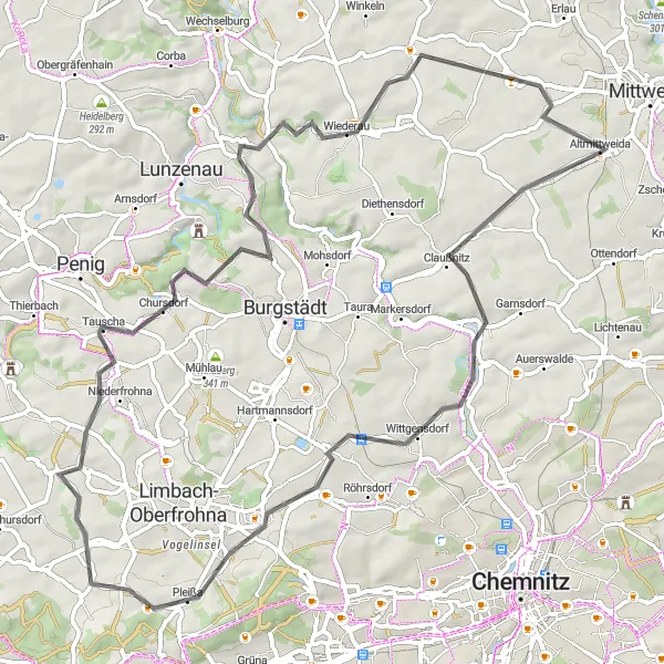 Map miniature of "Claußnitz Road Loop" cycling inspiration in Chemnitz, Germany. Generated by Tarmacs.app cycling route planner