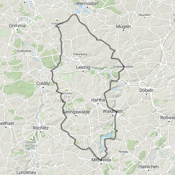 Map miniature of "Mittweida to Ringethal Road Loop" cycling inspiration in Chemnitz, Germany. Generated by Tarmacs.app cycling route planner