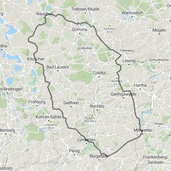 Map miniature of "Mittweida to Rößgen Road Loop" cycling inspiration in Chemnitz, Germany. Generated by Tarmacs.app cycling route planner