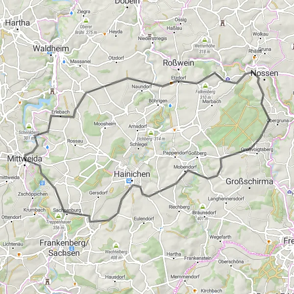 Karten-Miniaturansicht der Radinspiration "Radtour durch die Natur um Mittweida (Straßenfahrbahn)" in Chemnitz, Germany. Erstellt vom Tarmacs.app-Routenplaner für Radtouren