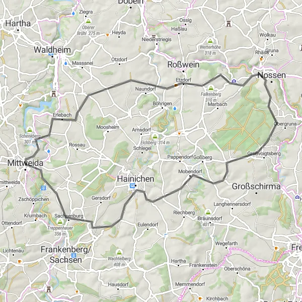 Map miniature of "The Road Expedition" cycling inspiration in Chemnitz, Germany. Generated by Tarmacs.app cycling route planner