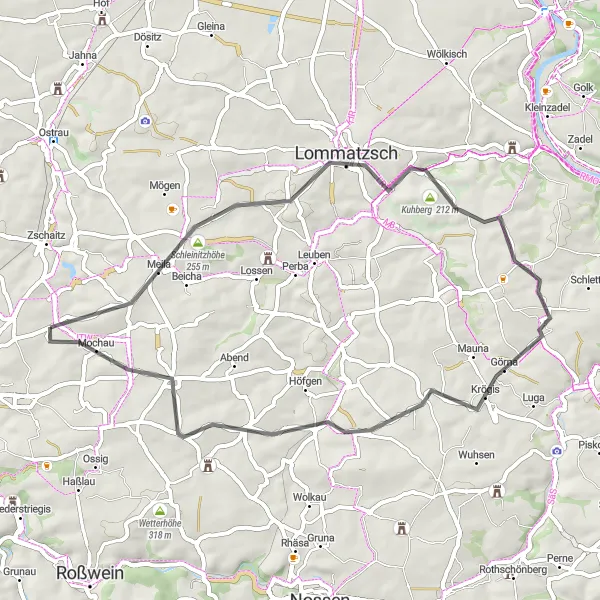 Karten-Miniaturansicht der Radinspiration "Rund um Mochau mit Schleinitzhöhe und Lommatzsch" in Chemnitz, Germany. Erstellt vom Tarmacs.app-Routenplaner für Radtouren