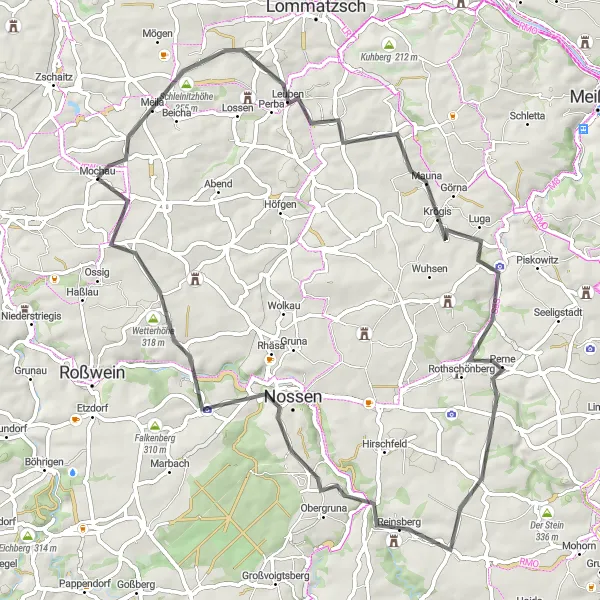 Karten-Miniaturansicht der Radinspiration "Tour durch Krögis und Nossen" in Chemnitz, Germany. Erstellt vom Tarmacs.app-Routenplaner für Radtouren